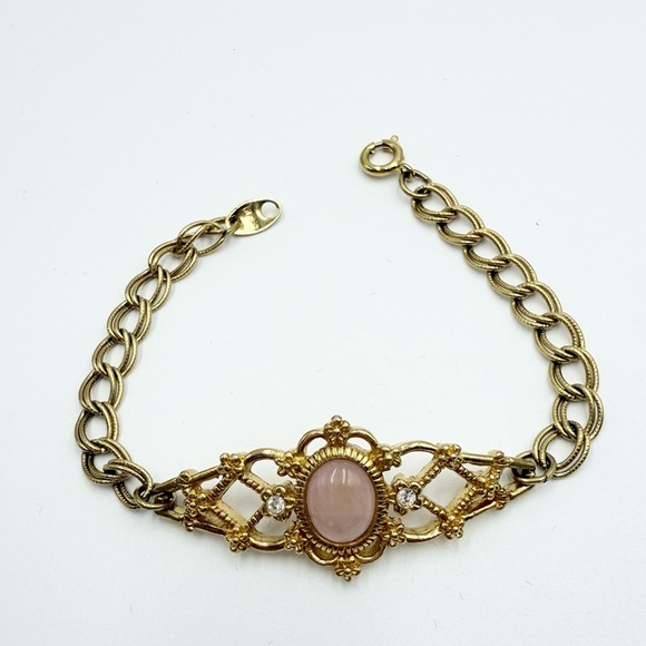 VINTAGE Avon Genuine Rose Quartz Gold Tone Bracelet - Picture 6 of 7